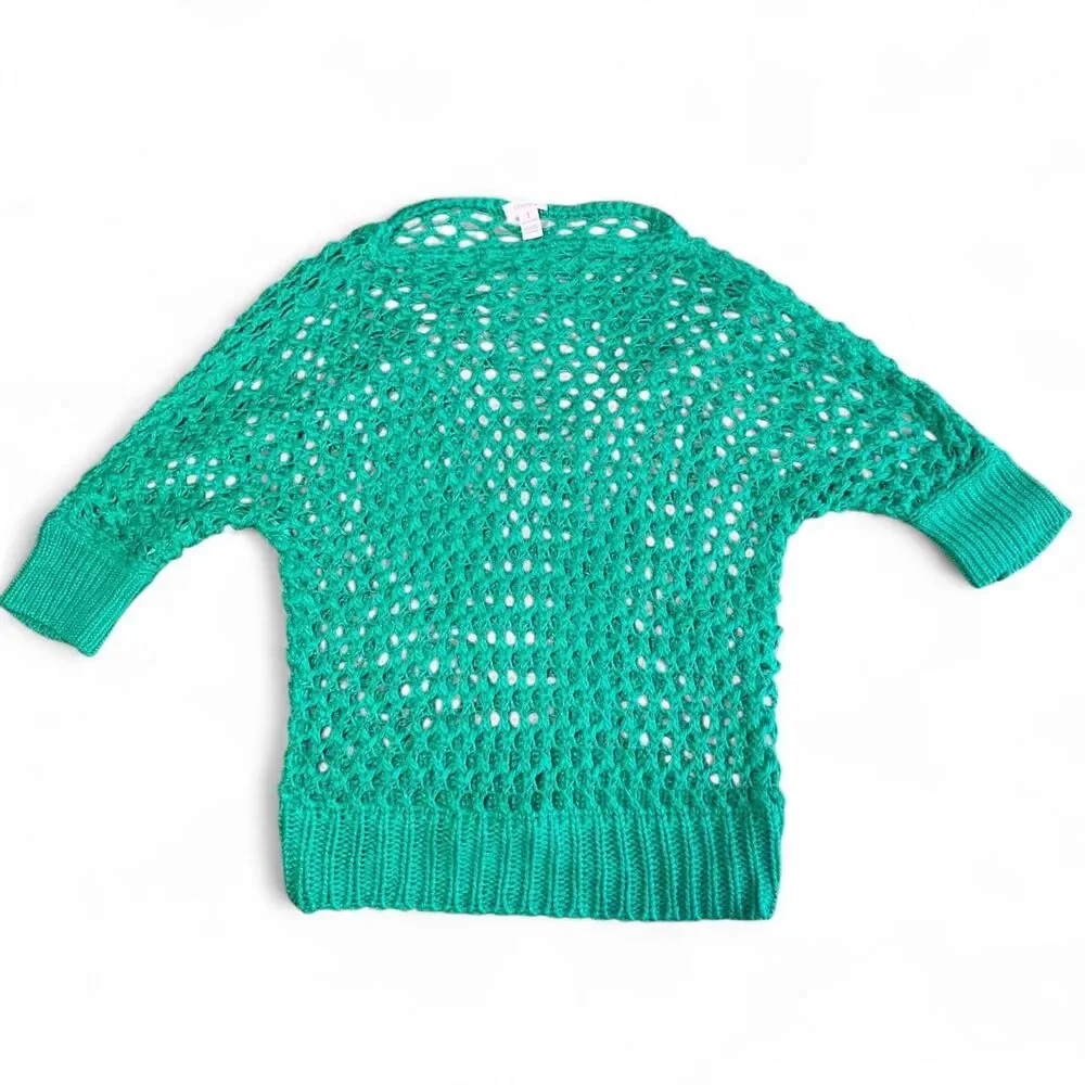 Chico's Open Knit Crochet Sweater Green Linen Blend Mesh Net Pullover Size 1 M/L